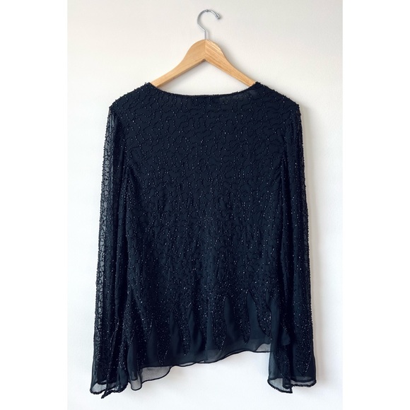 JKARA 🌸 Beaded Black Bell Sleeve V-Neck Top w Sharktail Hem - Picture 6 of 13